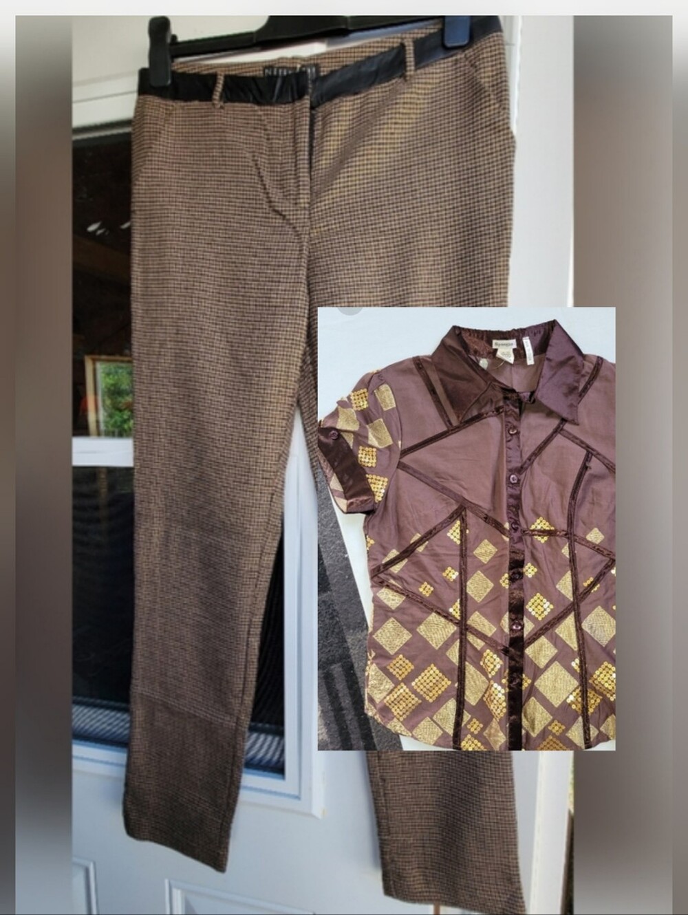 Tan /gold Checkered Chinos Pants With Leather Trim  Junior Fit   30 Inch Inseam